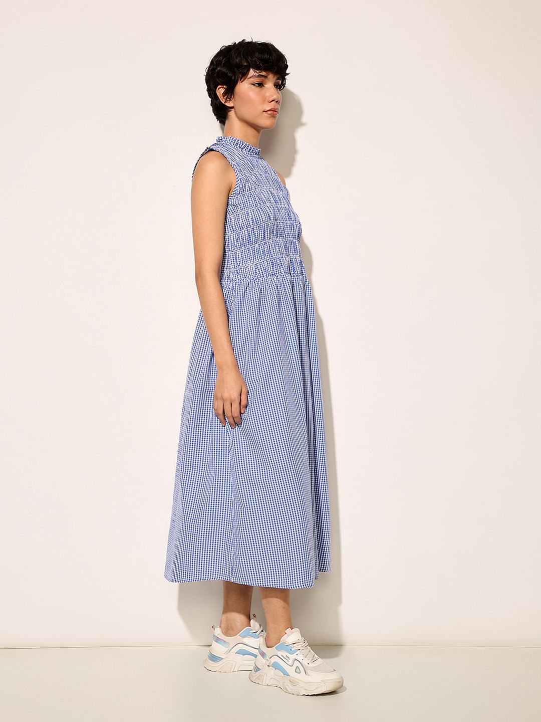 Blue Check Sleeveless Midi Dress