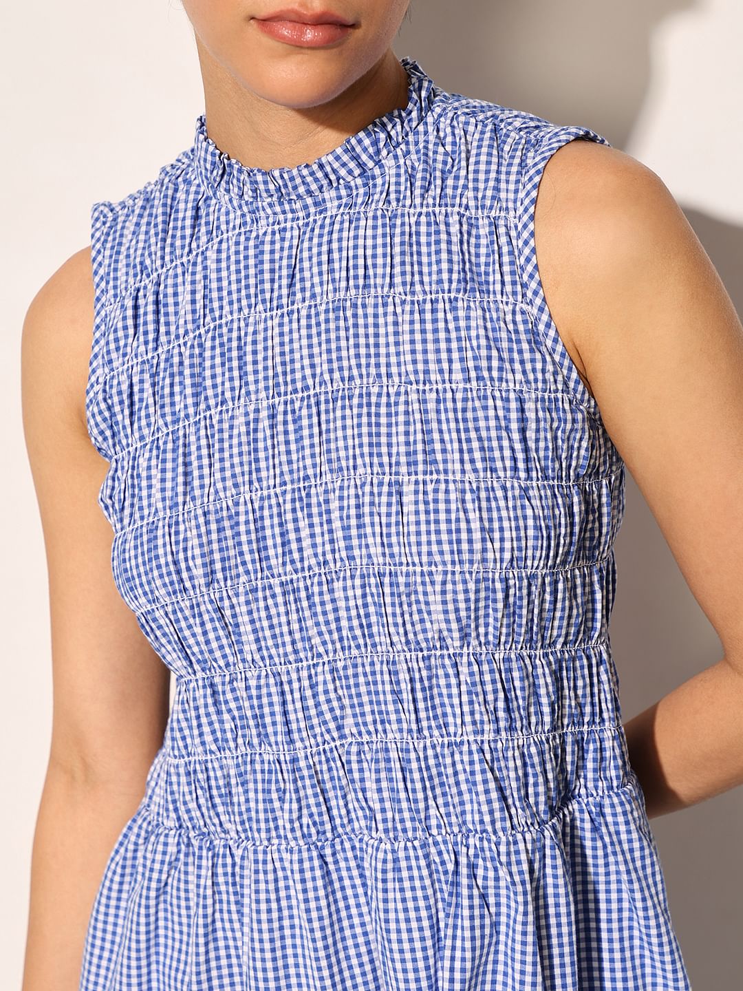 Blue Check Sleeveless Midi Dress