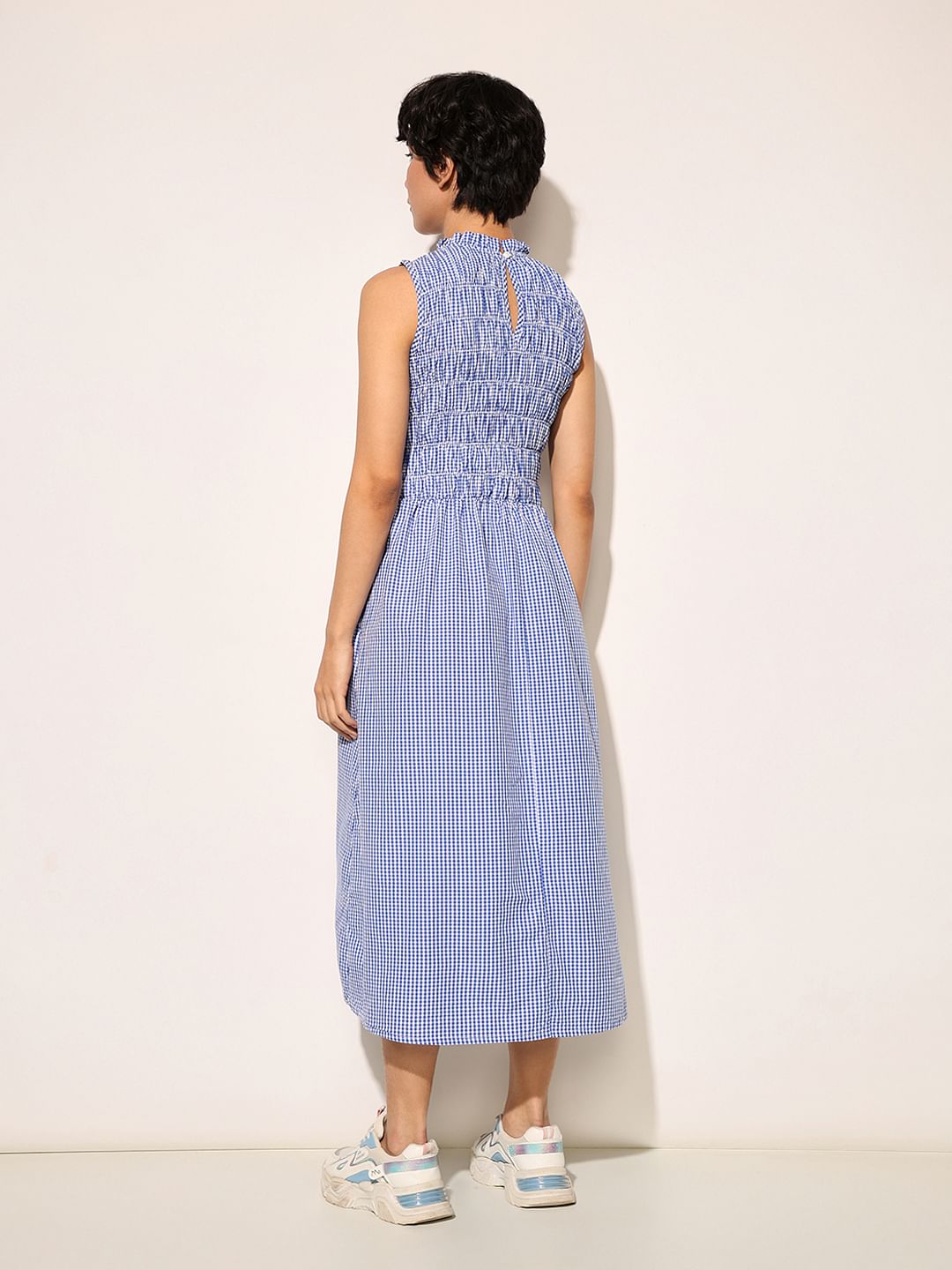 Blue Check Sleeveless Midi Dress