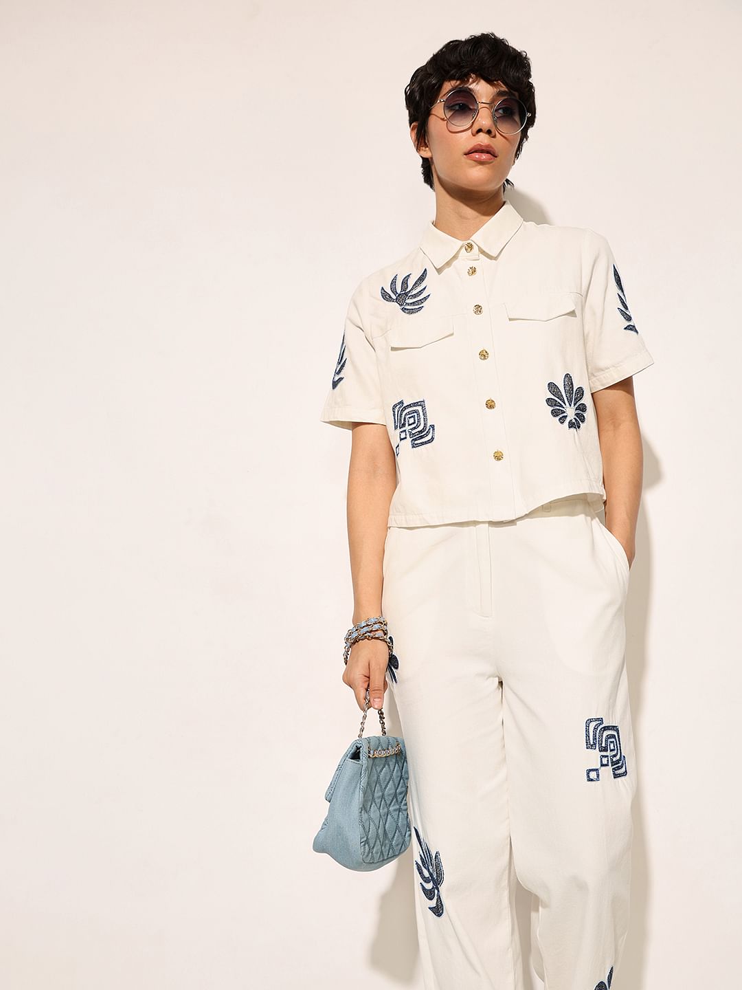 White Embroidered Cropped Shirt