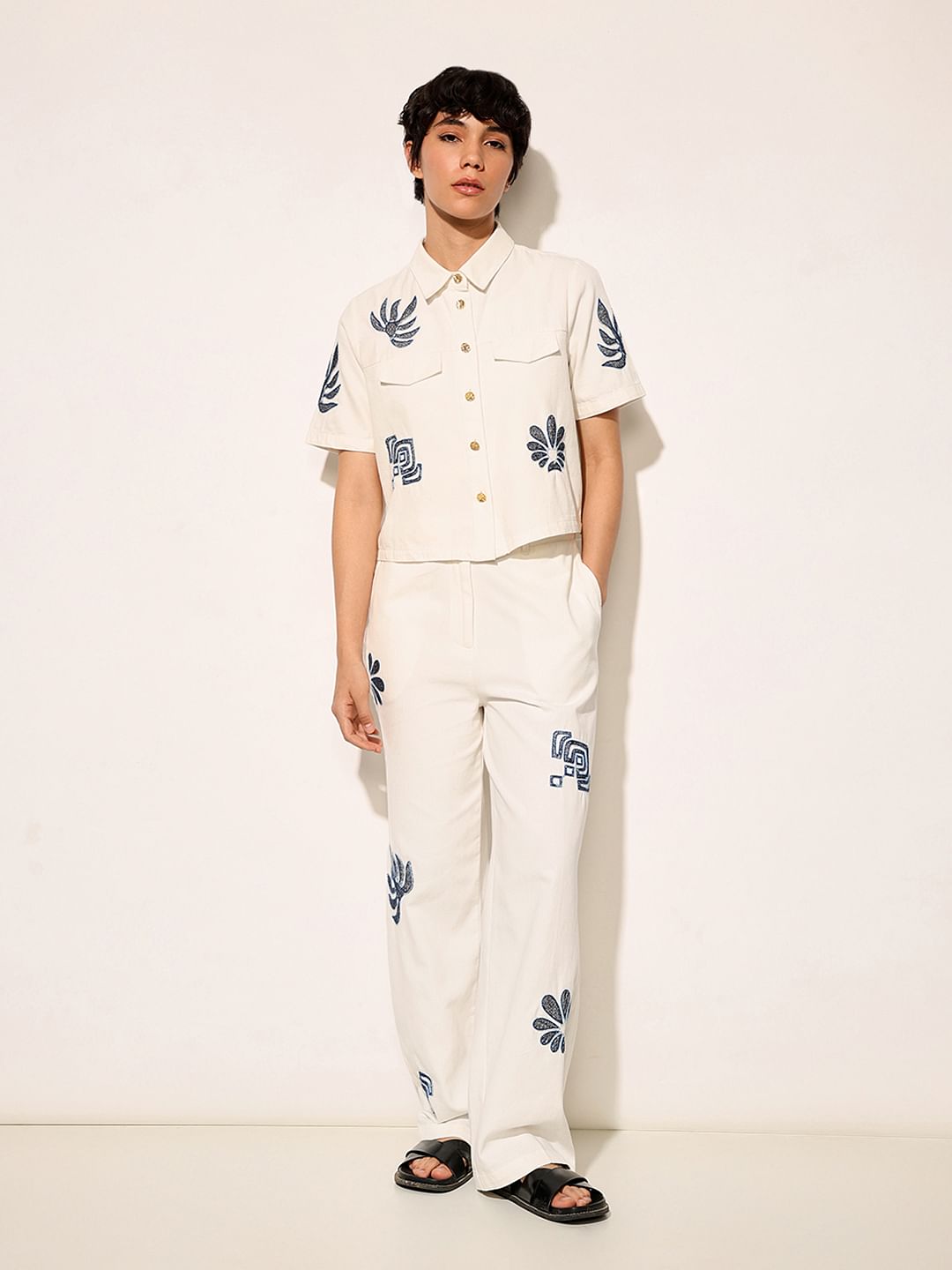 White Embroidered Cropped Shirt