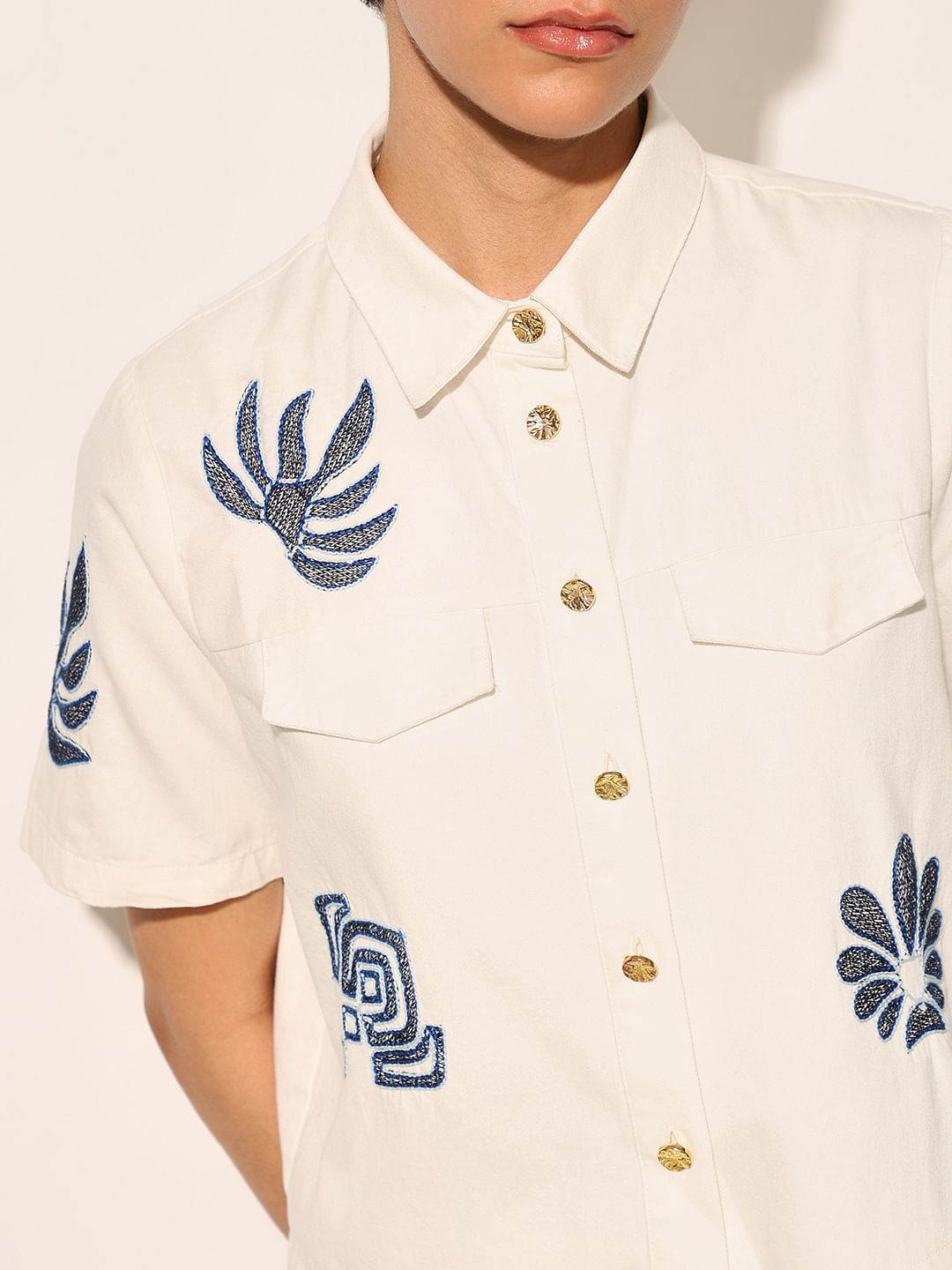 White Embroidered Cropped Shirt