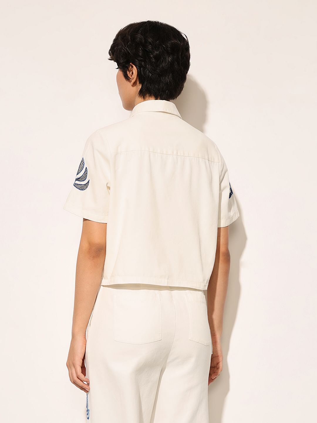 White Embroidered Cropped Shirt