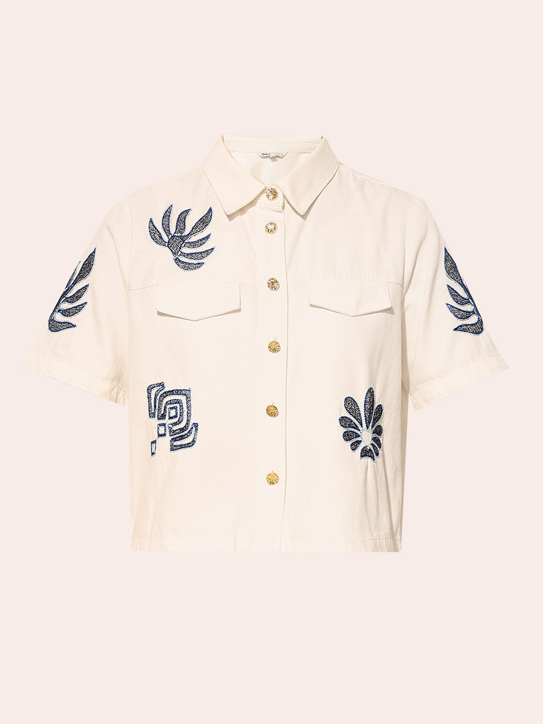 White Embroidered Cropped Shirt