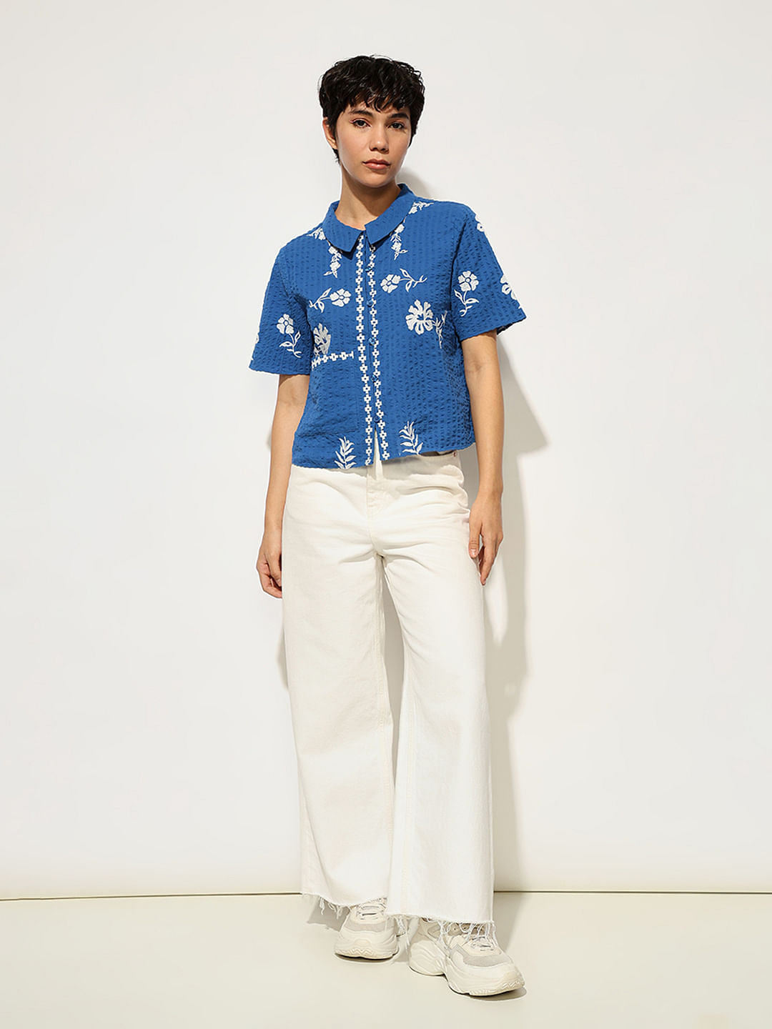 Blue Embroidered Boxy Fit Shirt