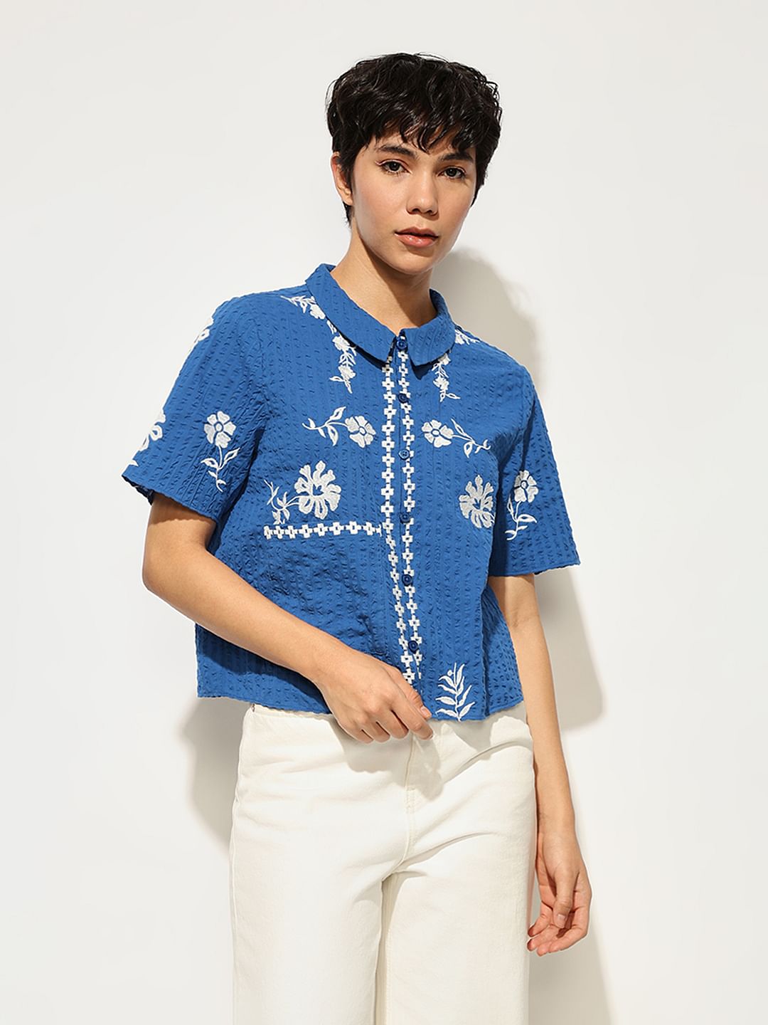 Blue Embroidered Boxy Fit Shirt