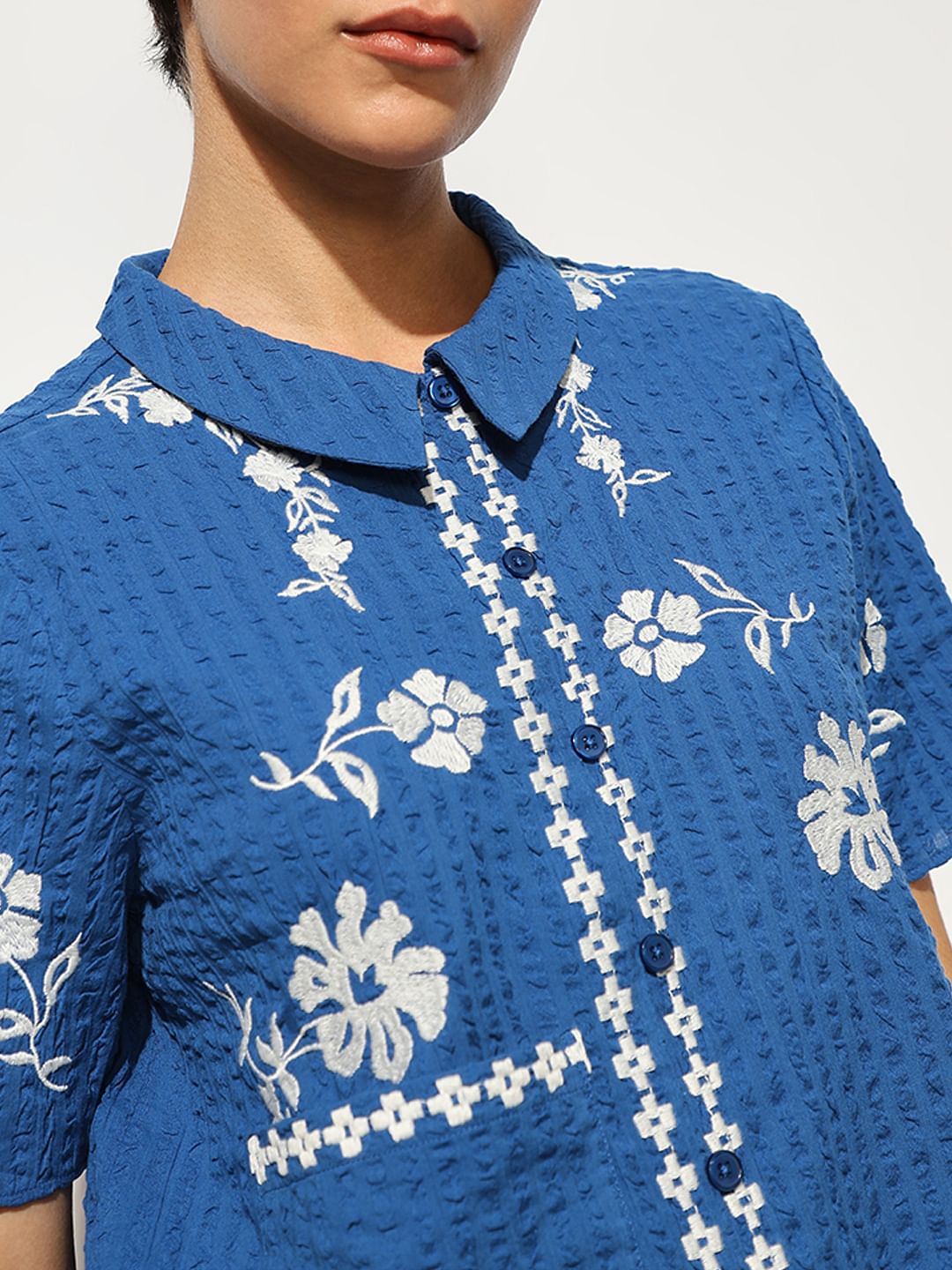 Blue Embroidered Boxy Fit Shirt