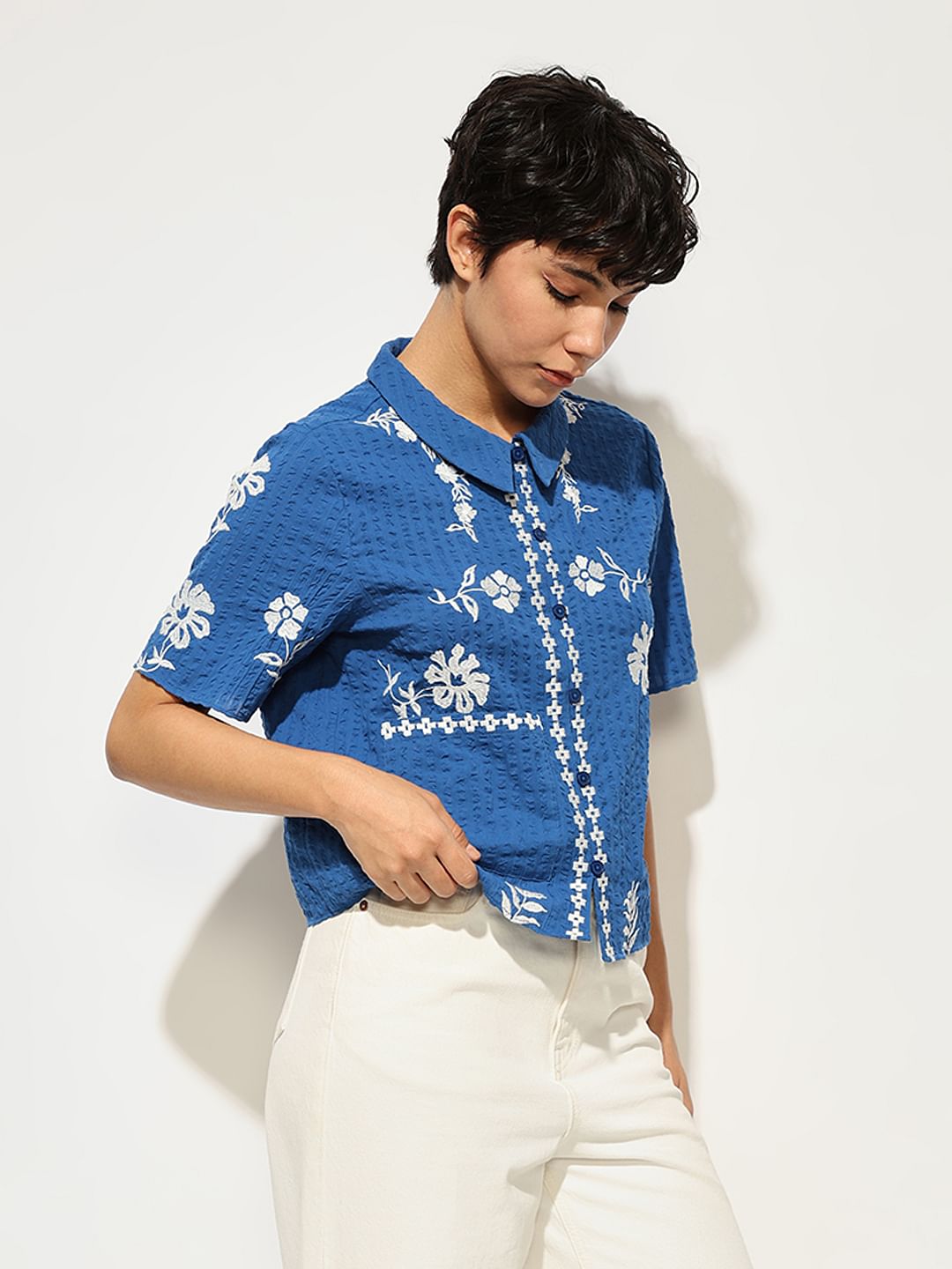 Blue Embroidered Boxy Fit Shirt