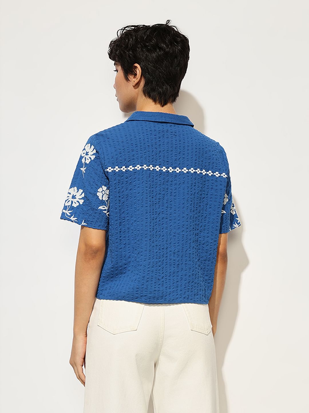 Blue Embroidered Boxy Fit Shirt