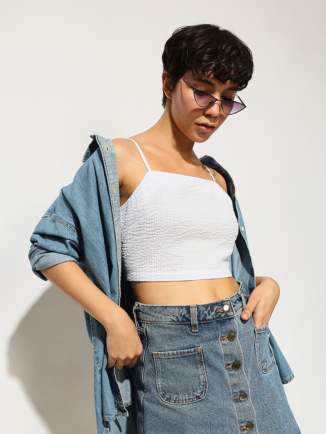 Blue Seersucker Cropped Top