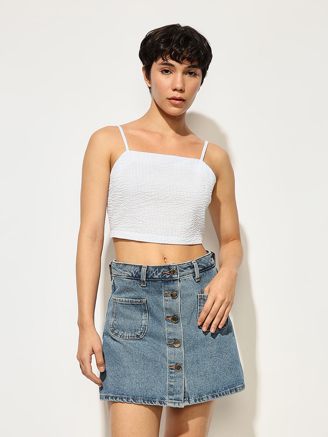 Blue Seersucker Cropped Top