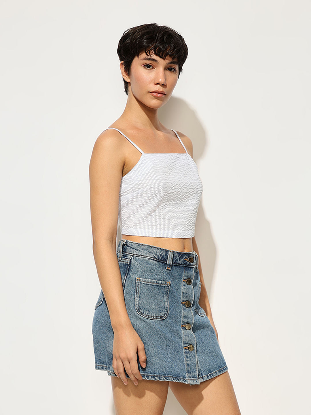 Blue Seersucker Cropped Top