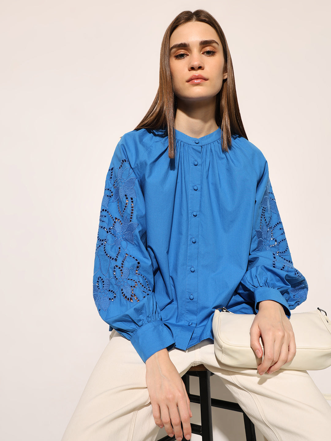 Blue Cotton Mandarin Collar Top