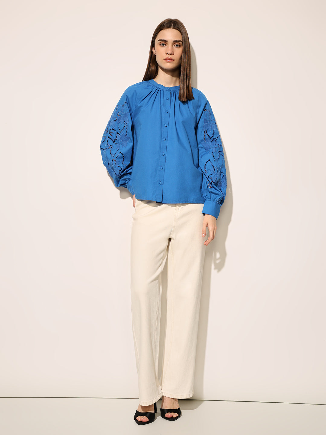 Blue Cotton Mandarin Collar Top