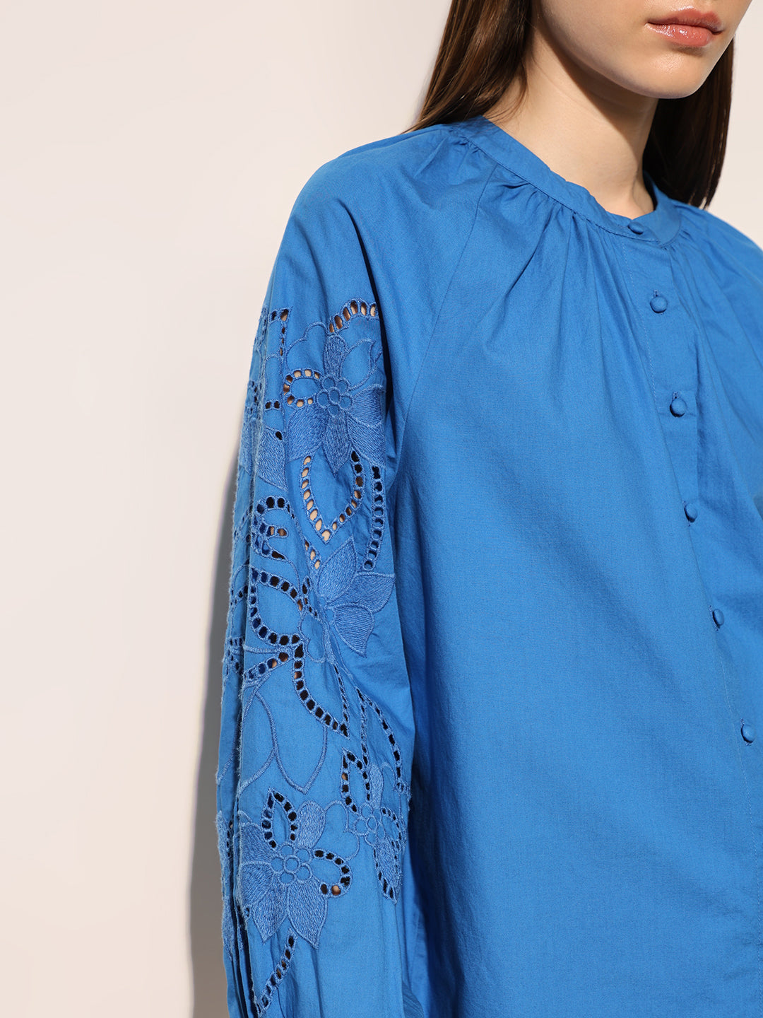 Blue Cotton Mandarin Collar Top