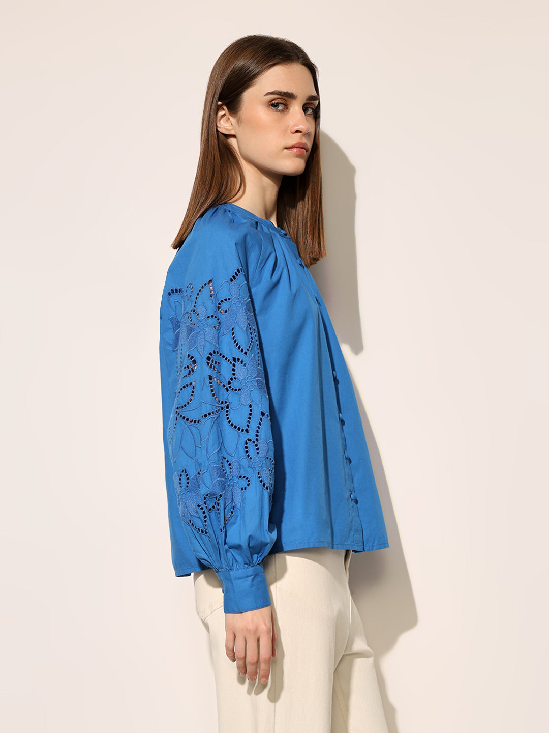 Blue Cotton Mandarin Collar Top