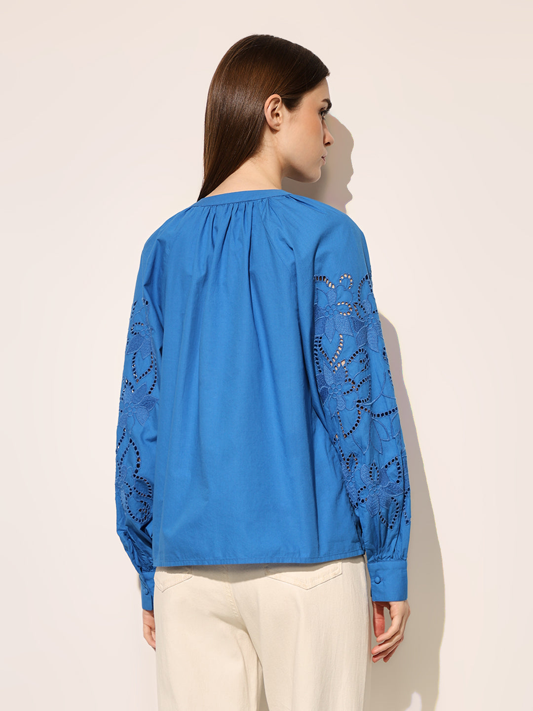 Blue Cotton Mandarin Collar Top