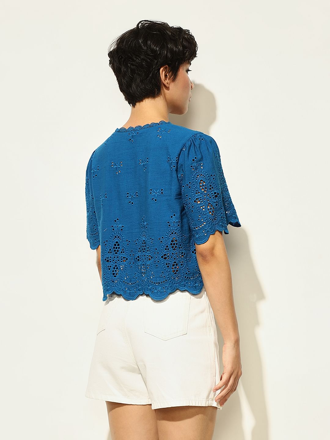 Blue Self-Embroidered Cotton Top