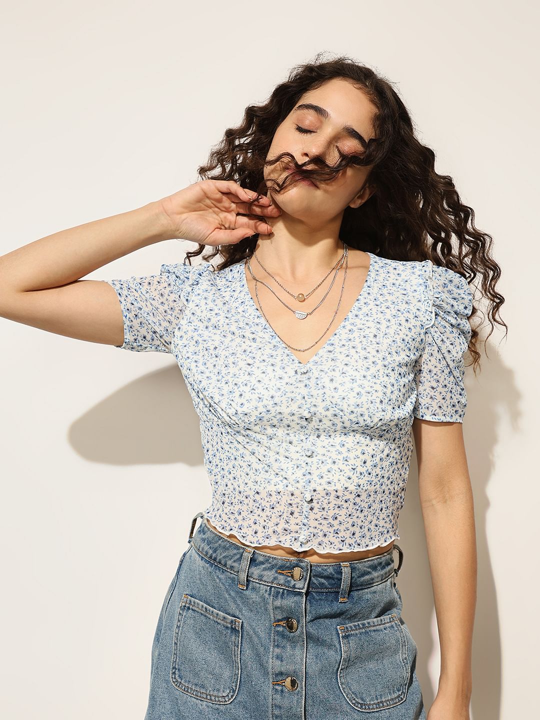 Blue Floral Crop Top