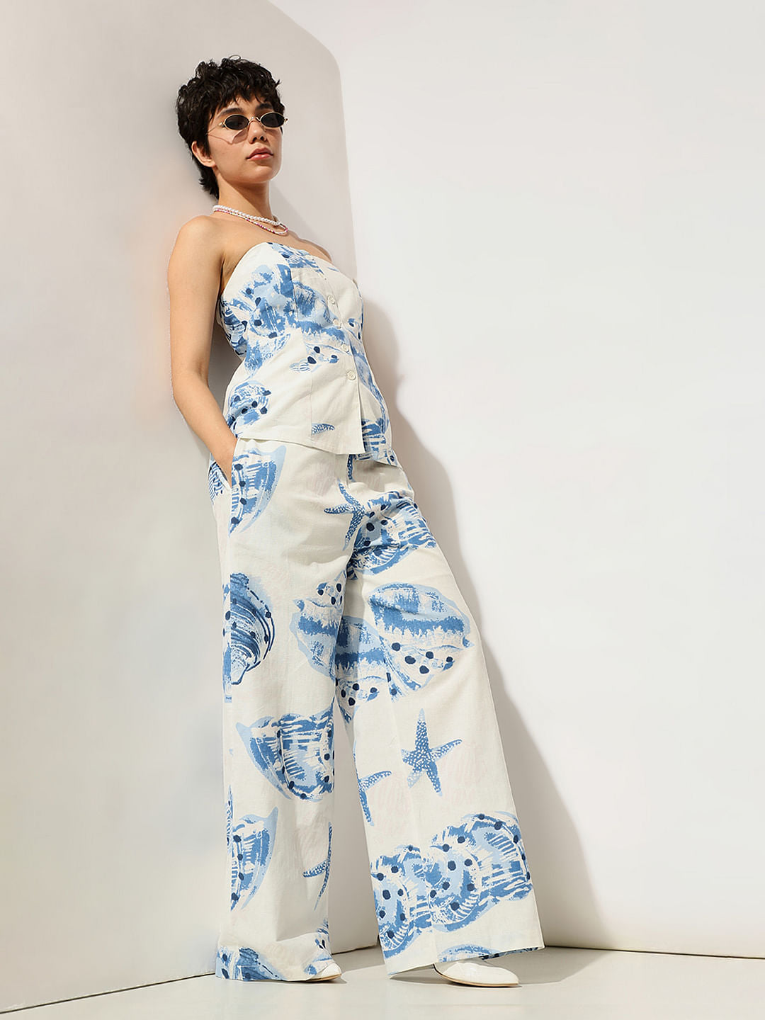 White Printed Straight Fit Co-Ord Set Pants