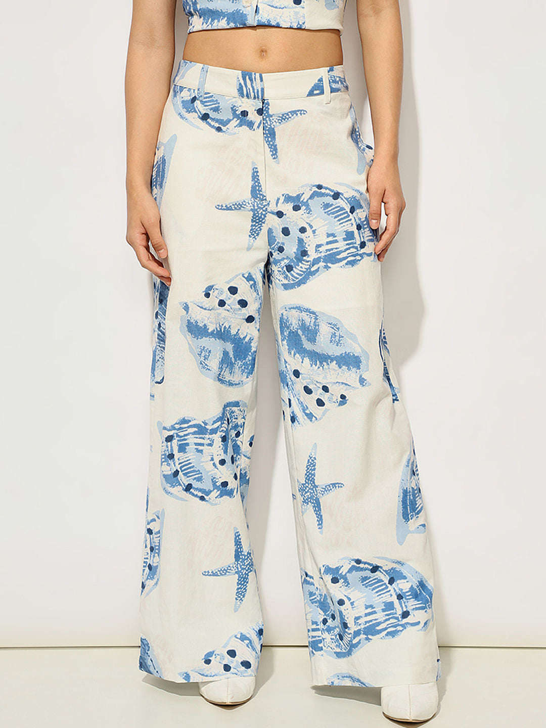 White Printed Straight Fit Co-Ord Set Pants