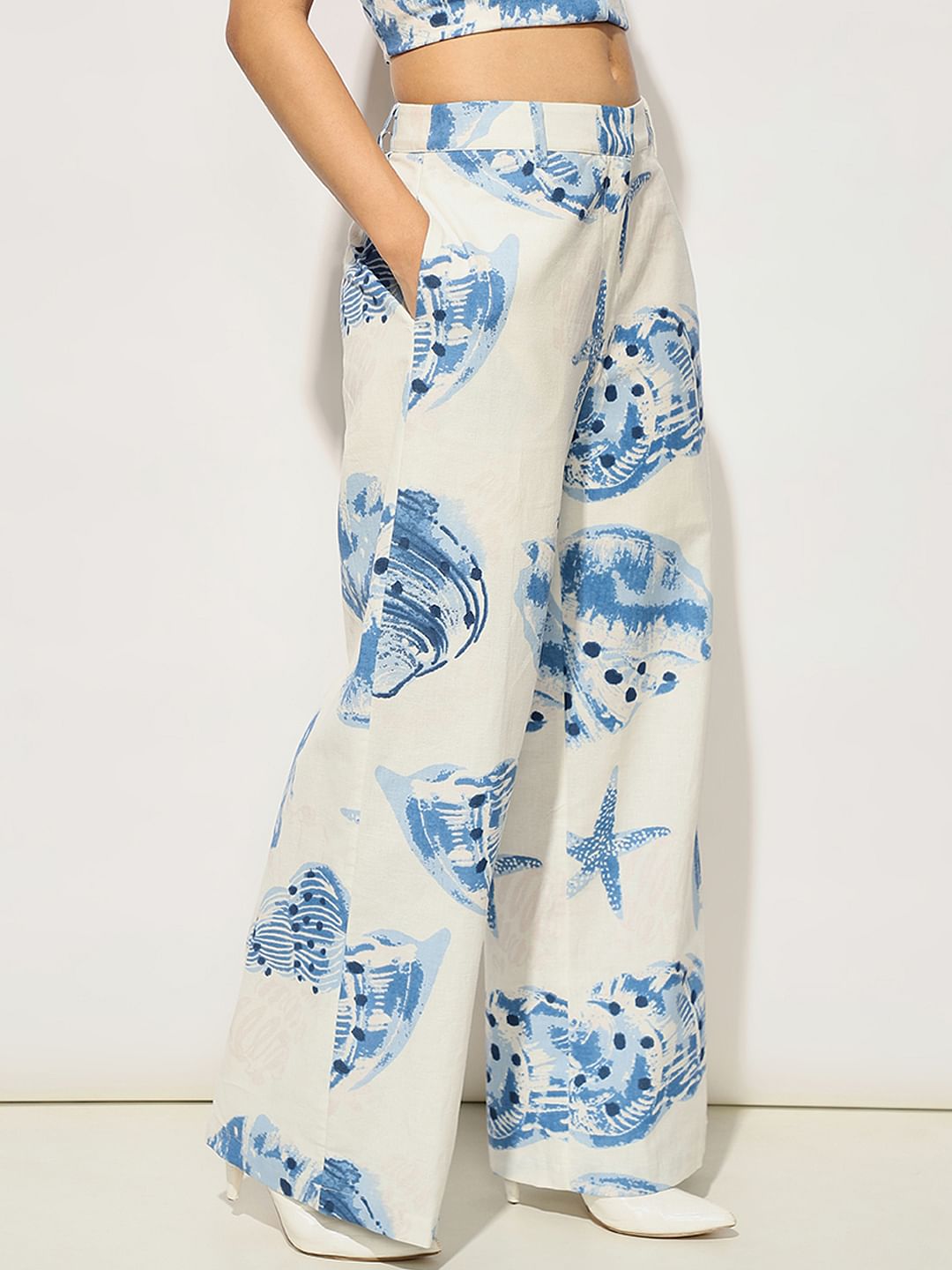 White Printed Straight Fit Co-Ord Set Pants