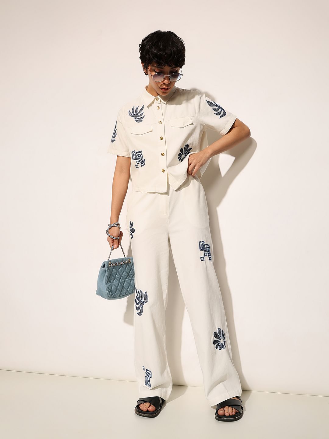 White Embroidered Loose Fit Pants