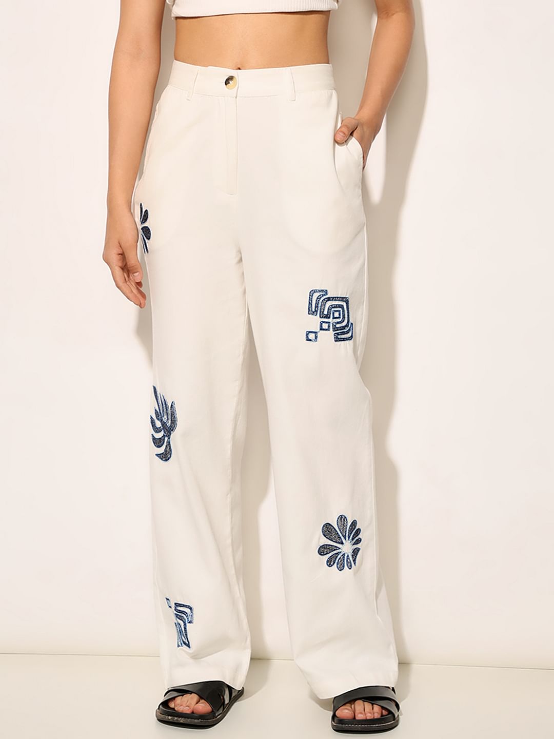 White Embroidered Loose Fit Pants