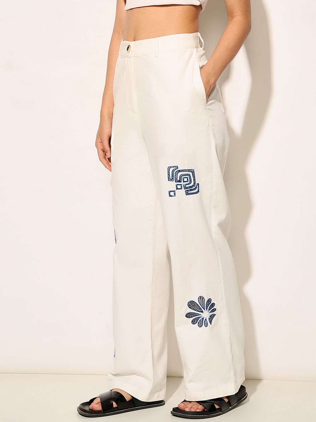 White Embroidered Loose Fit Pants