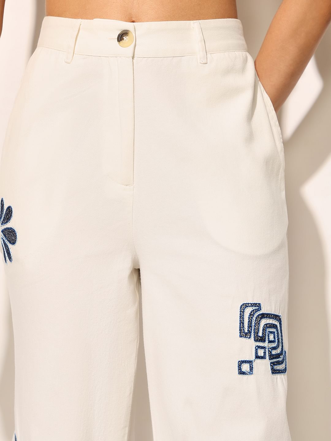 White Embroidered Loose Fit Pants