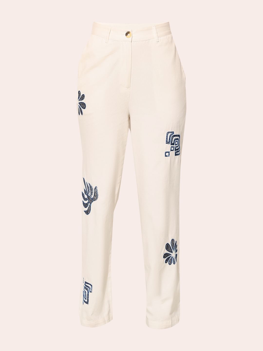 White Embroidered Loose Fit Pants