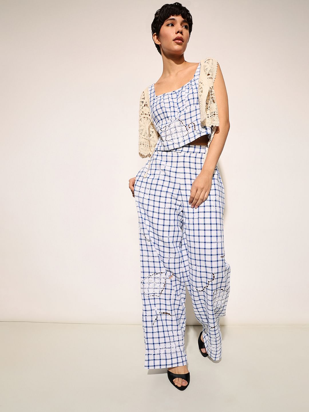 White & Blue Embroidered Pants