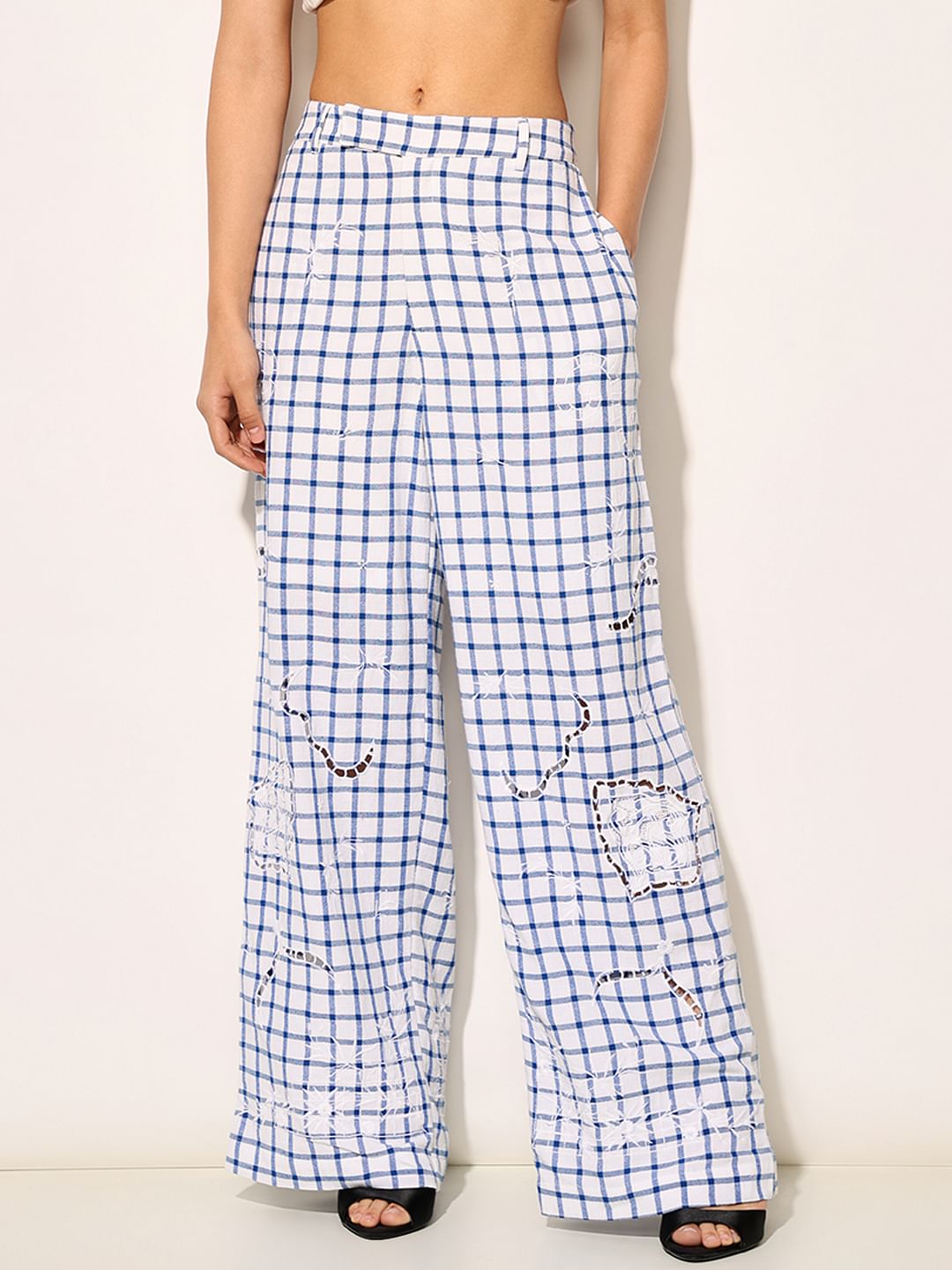 White & Blue Embroidered Pants