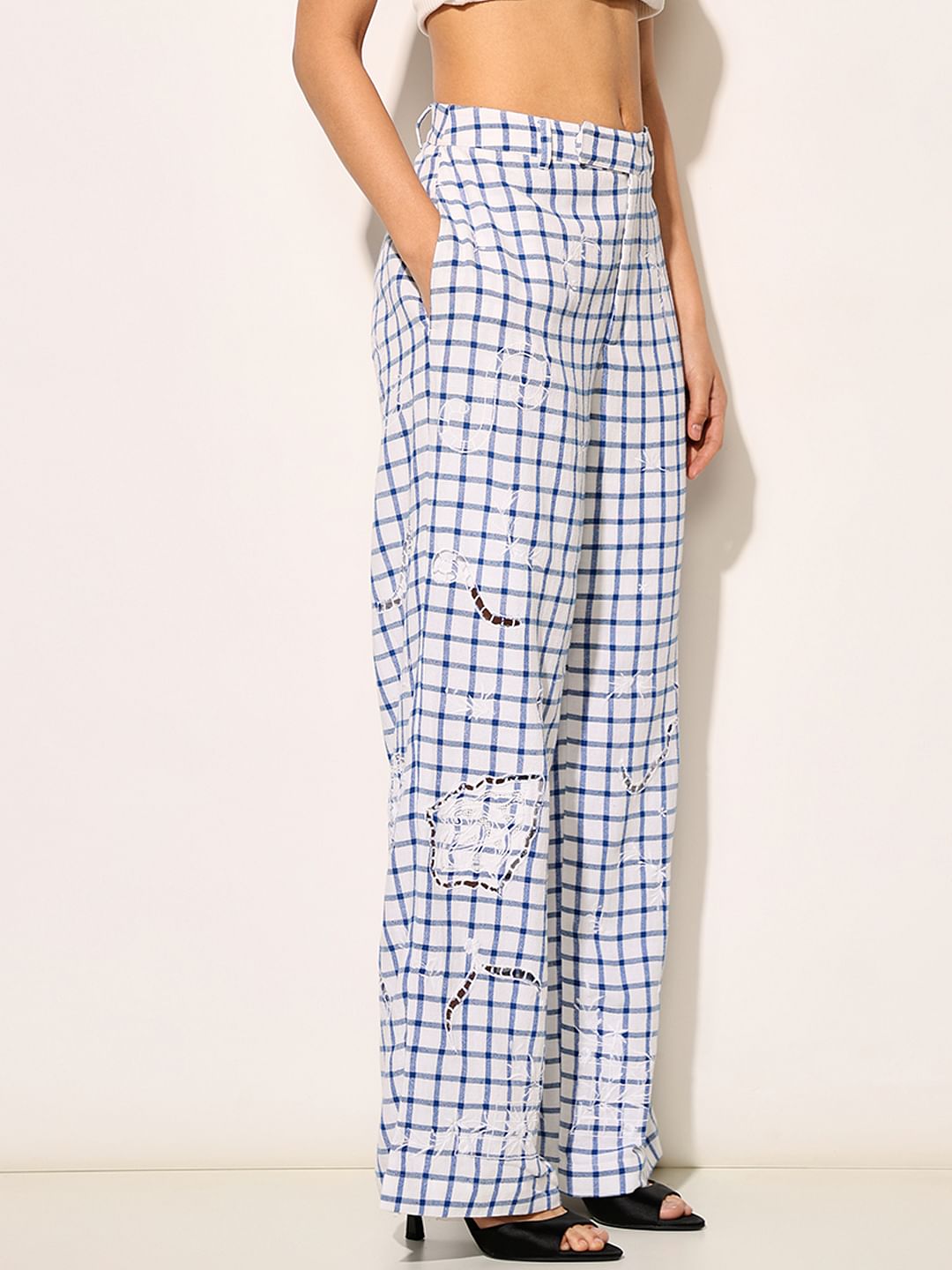 White & Blue Embroidered Pants