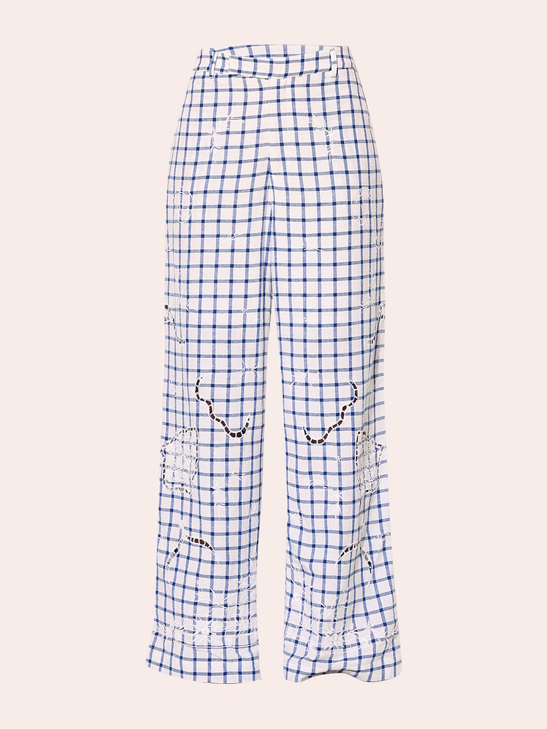 White & Blue Embroidered Pants