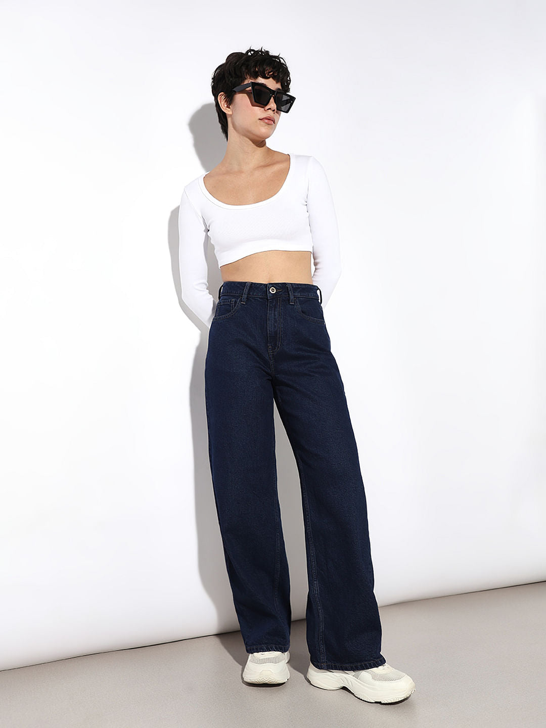 Dark Blue High Rise Wide Leg Jeans