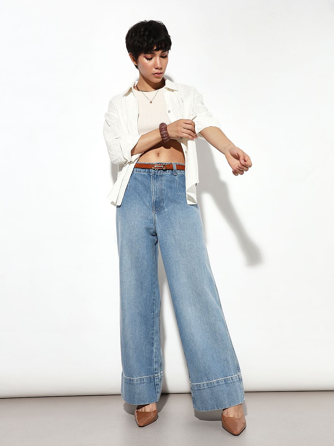 Blue Curved Hem Wide Leg Jeans