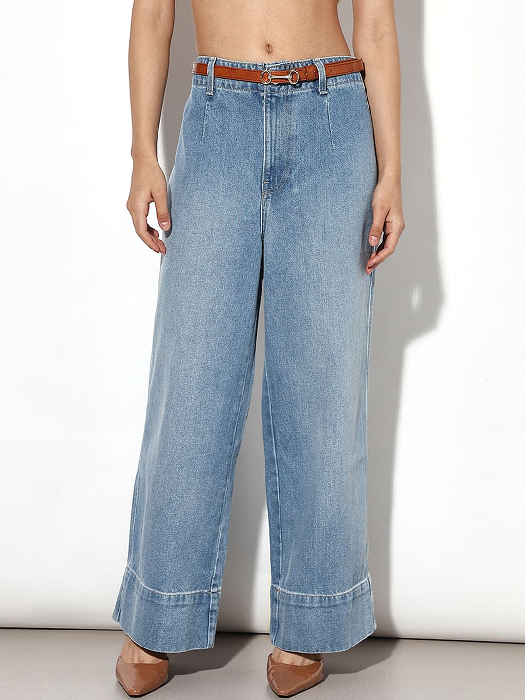 Blue Curved Hem Wide Leg Jeans