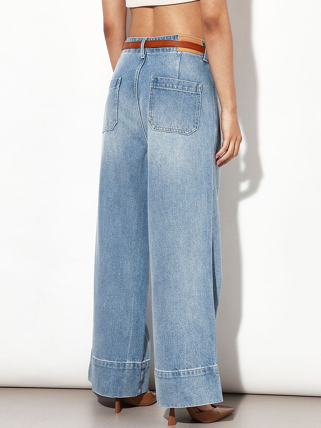 Blue Curved Hem Wide Leg Jeans
