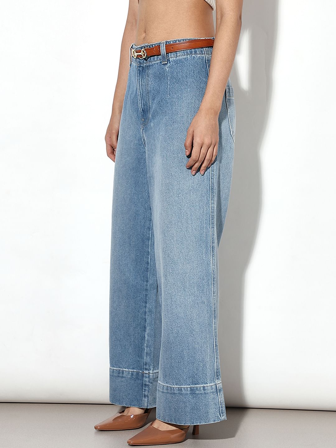 Blue Curved Hem Wide Leg Jeans