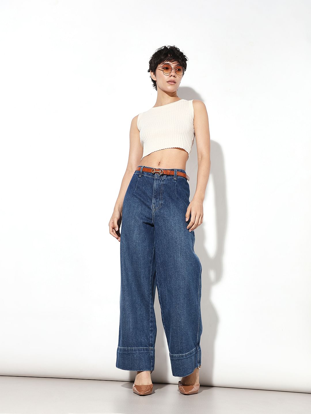 Dark Blue Curved Hem Wide Leg Jeans
