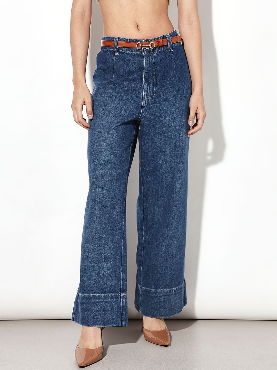 Dark Blue Curved Hem Wide Leg Jeans