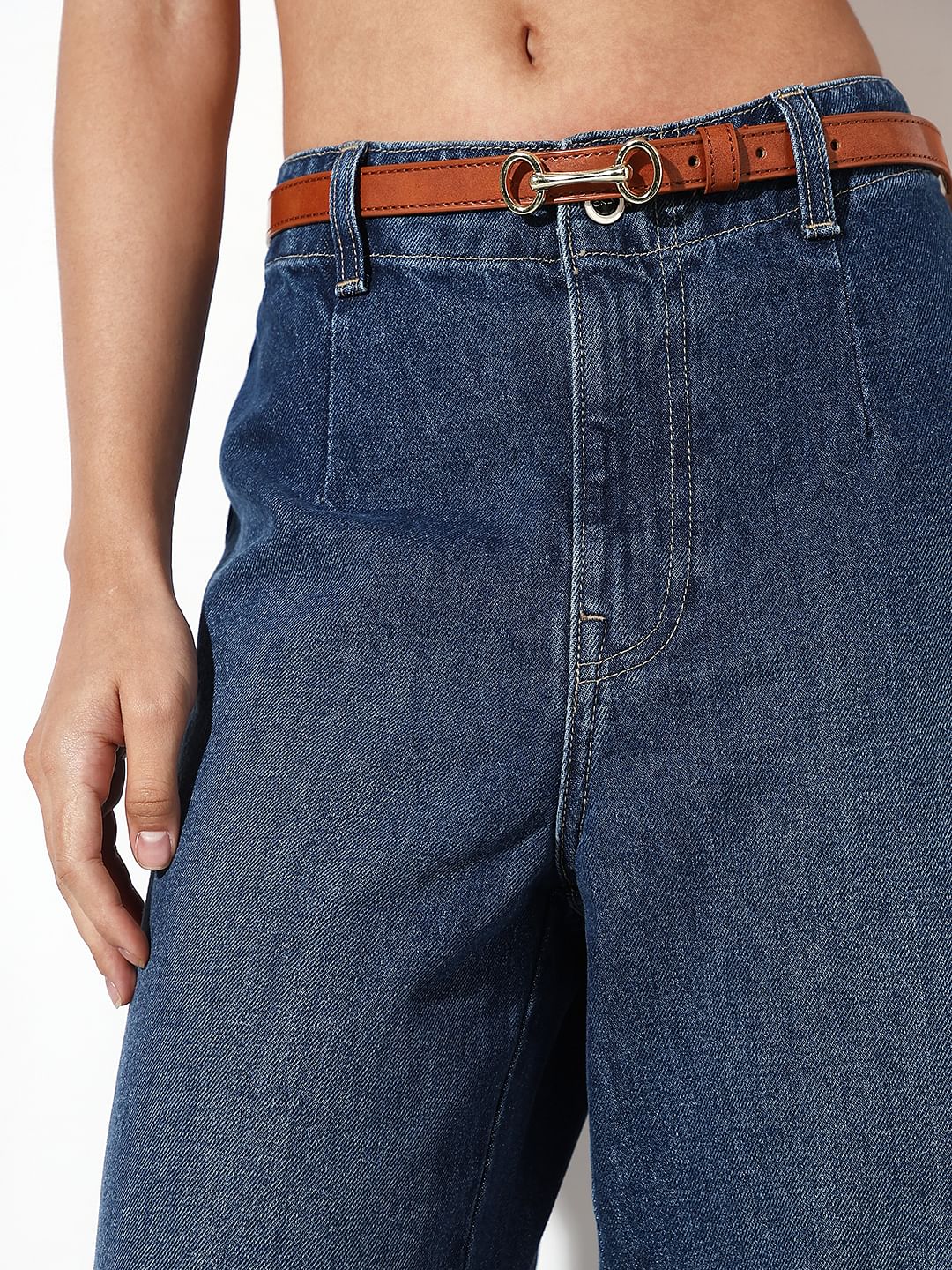 Dark Blue Curved Hem Wide Leg Jeans