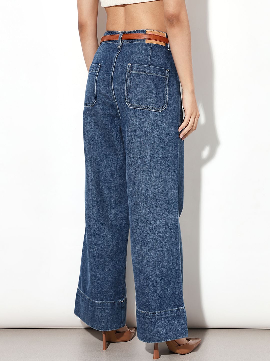 Dark Blue Curved Hem Wide Leg Jeans