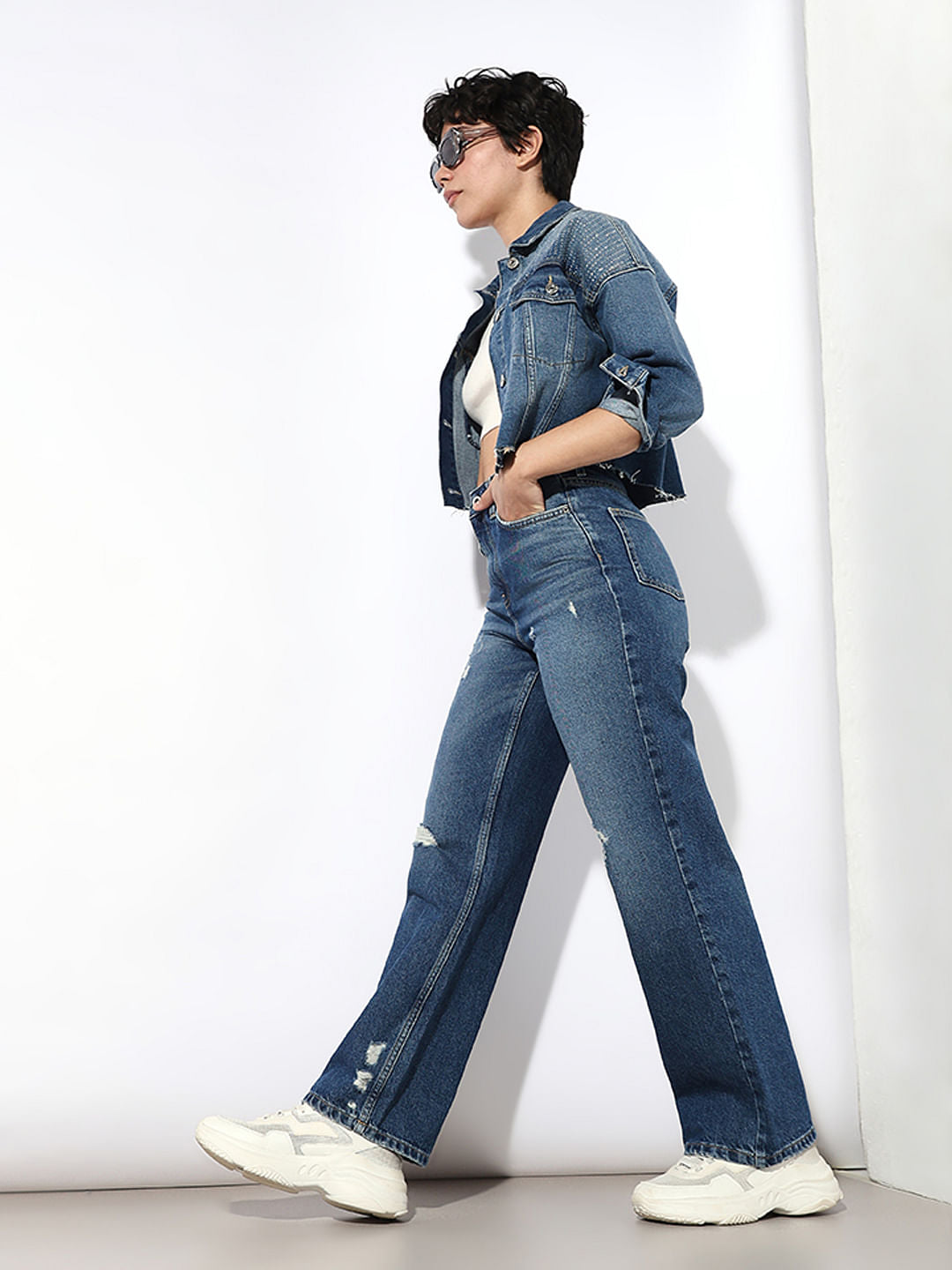 Dark Blue High Rise Distressed Jeans