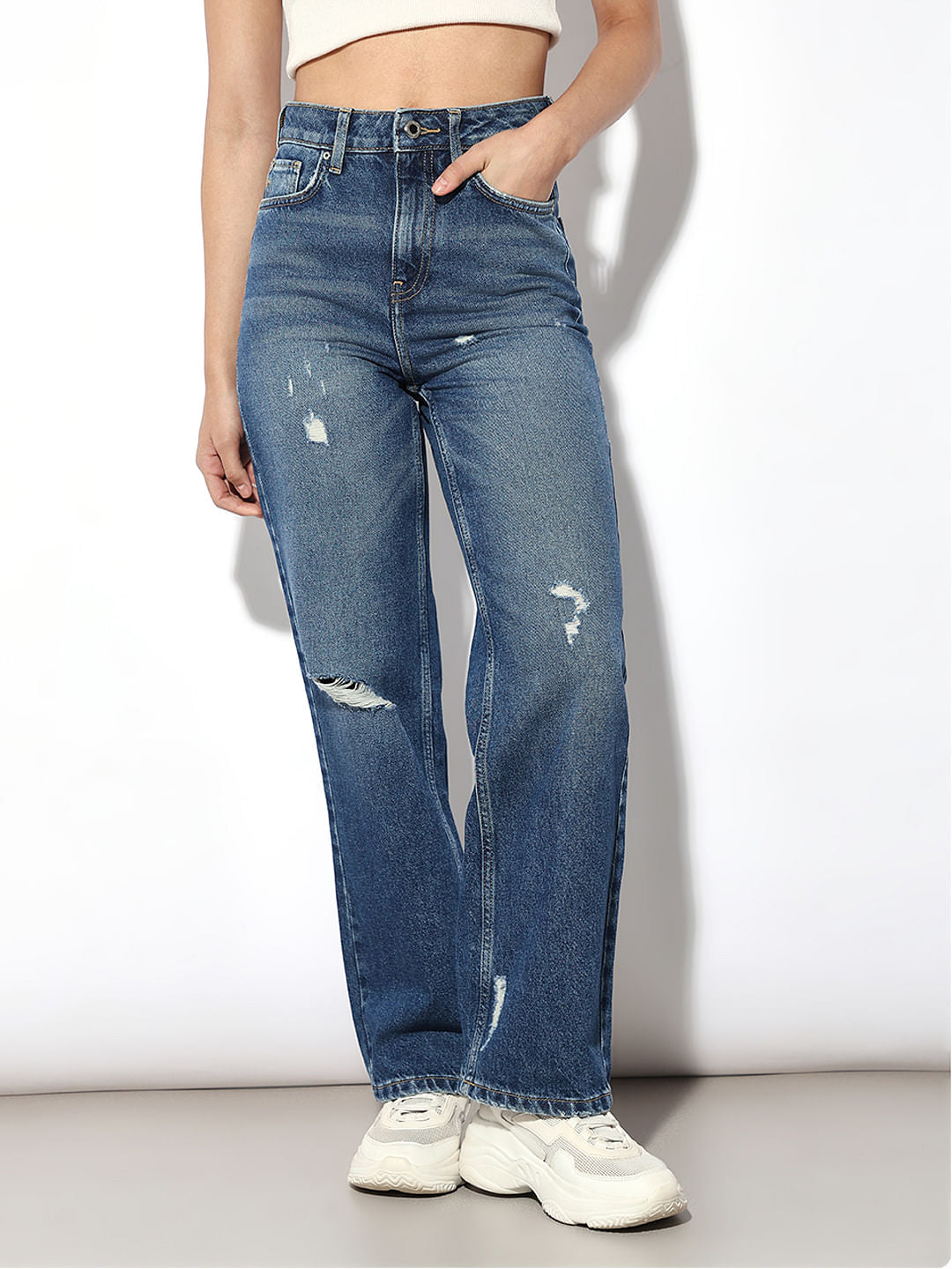 Dark Blue High Rise Distressed Jeans