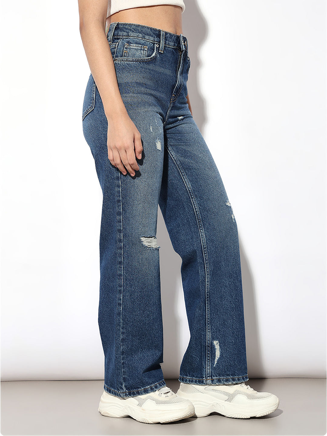 Dark Blue High Rise Distressed Jeans