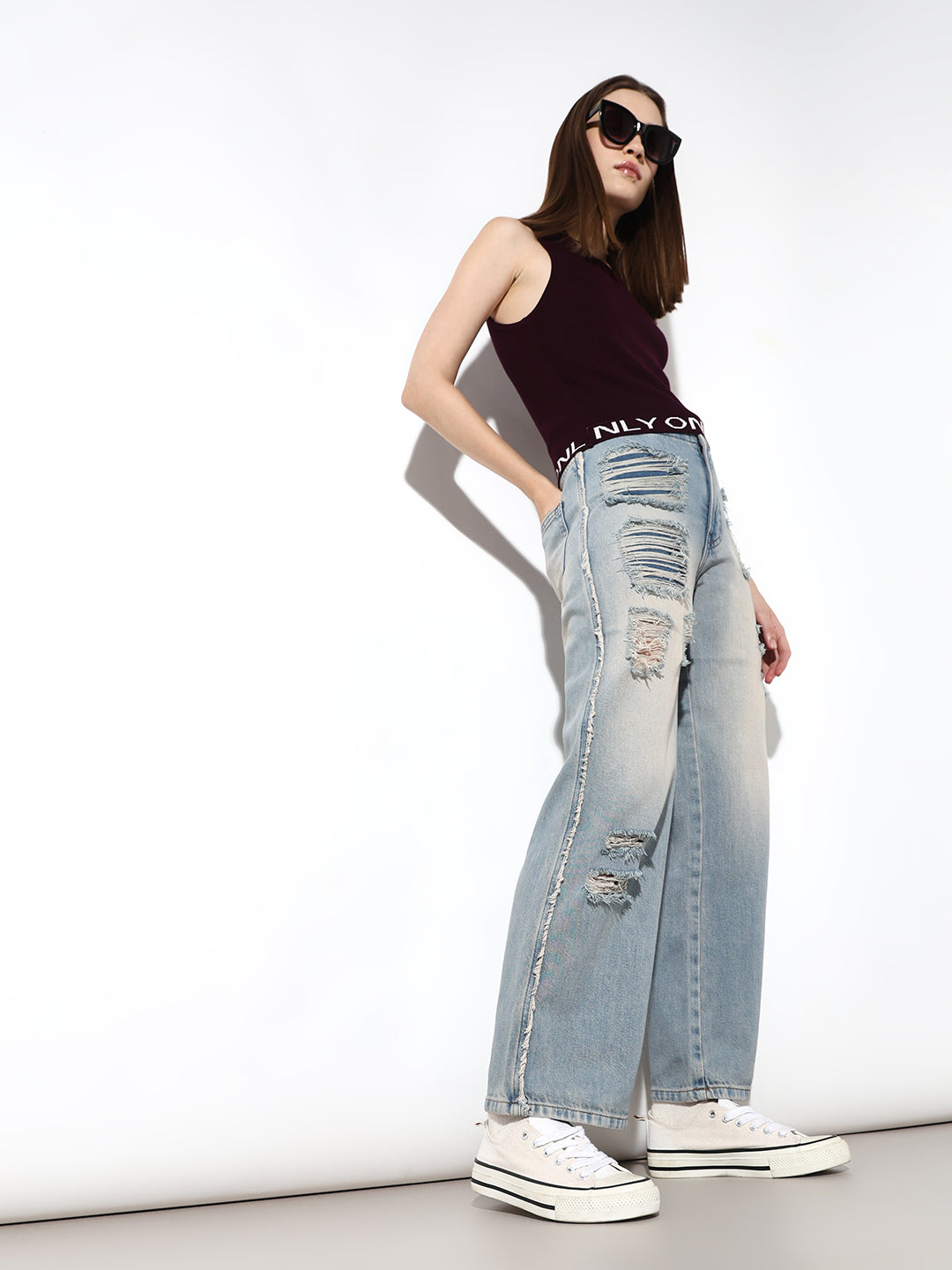 Blue Distressed Straight Fit Jeans