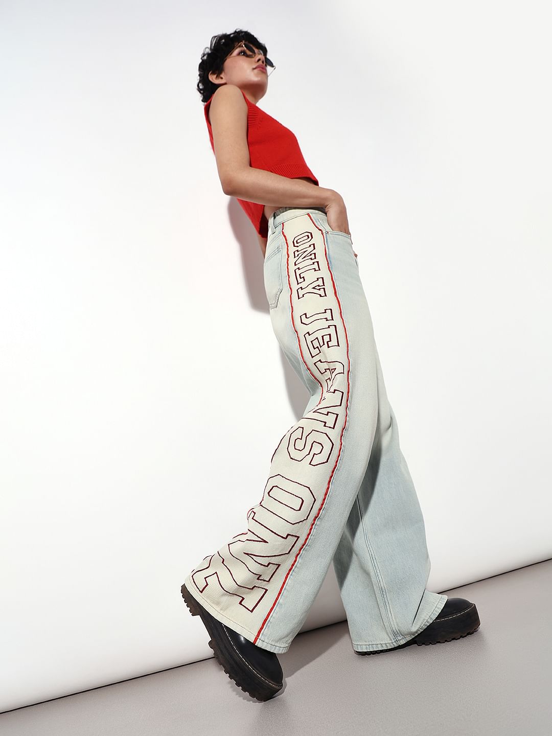 Light Blue Side Panel Logo Print Wide Leg Jeans