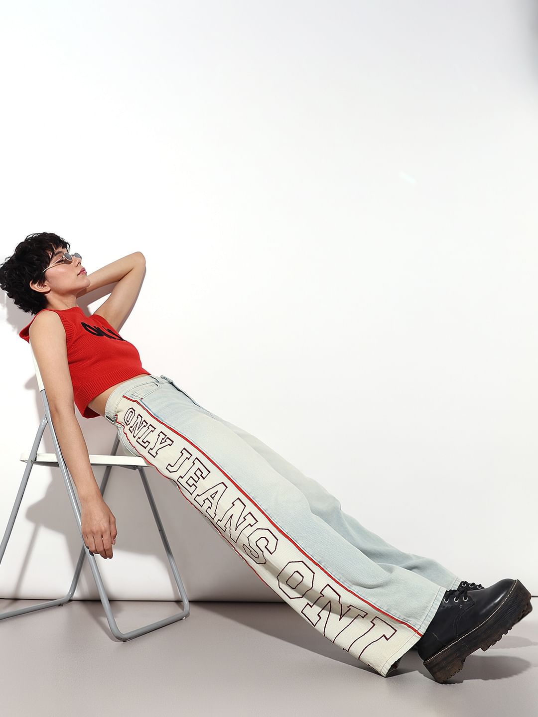 Light Blue Side Panel Logo Print Wide Leg Jeans